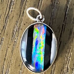 Fire Opal with White and Black Onyx, Set in 925 Sterling Silver